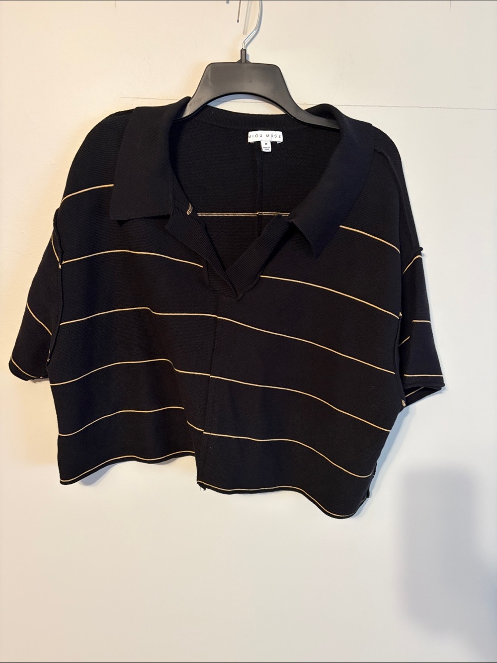Miou Muse Black Cropped Polo Top with Thin Gold Stripes. 💯 cotton. Oversized Med